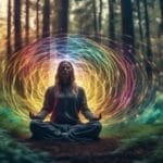 A woman meditating in a forest, surrounded by vibrant swirls of color, as she revitalizes her energy.