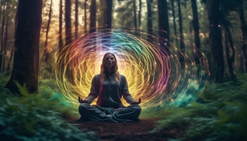 A woman meditating in a forest, surrounded by vibrant swirls of color, as she revitalizes her energy.